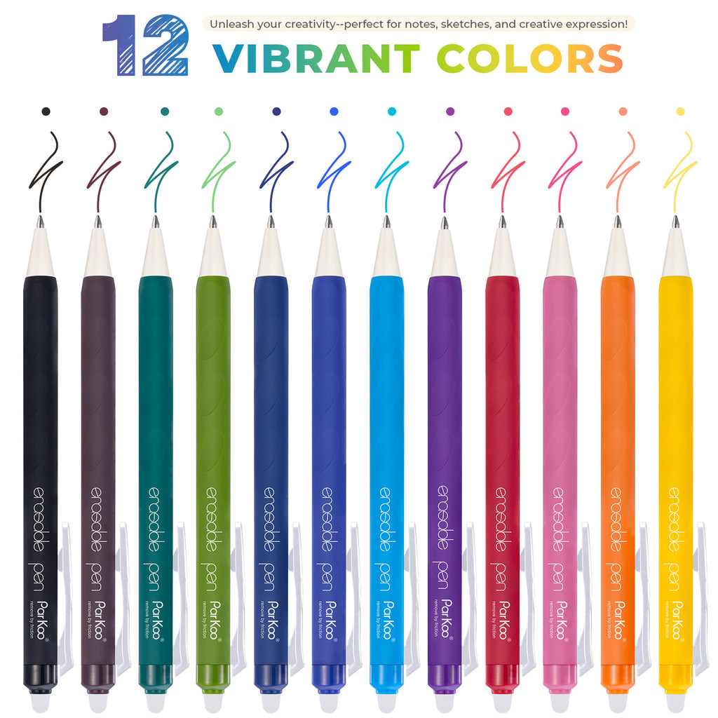 ParKoo Erasable Gel Pens, 12 Colors Retractable Erasable Colored Pens Fine Point 0.7mm, Make Mistakes Disappear, Assorted Color Inks for Drawing Coloring Writing Planner - ParKoo