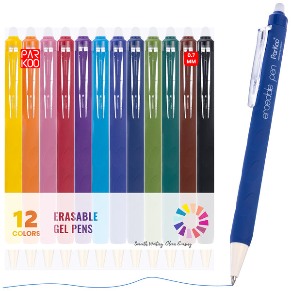 ParKoo Erasable Gel Pens, 12 Colors Retractable Erasable Colored Pens Fine Point 0.7mm, Make Mistakes Disappear, Assorted Color Inks for Drawing Coloring Writing Planner - ParKoo