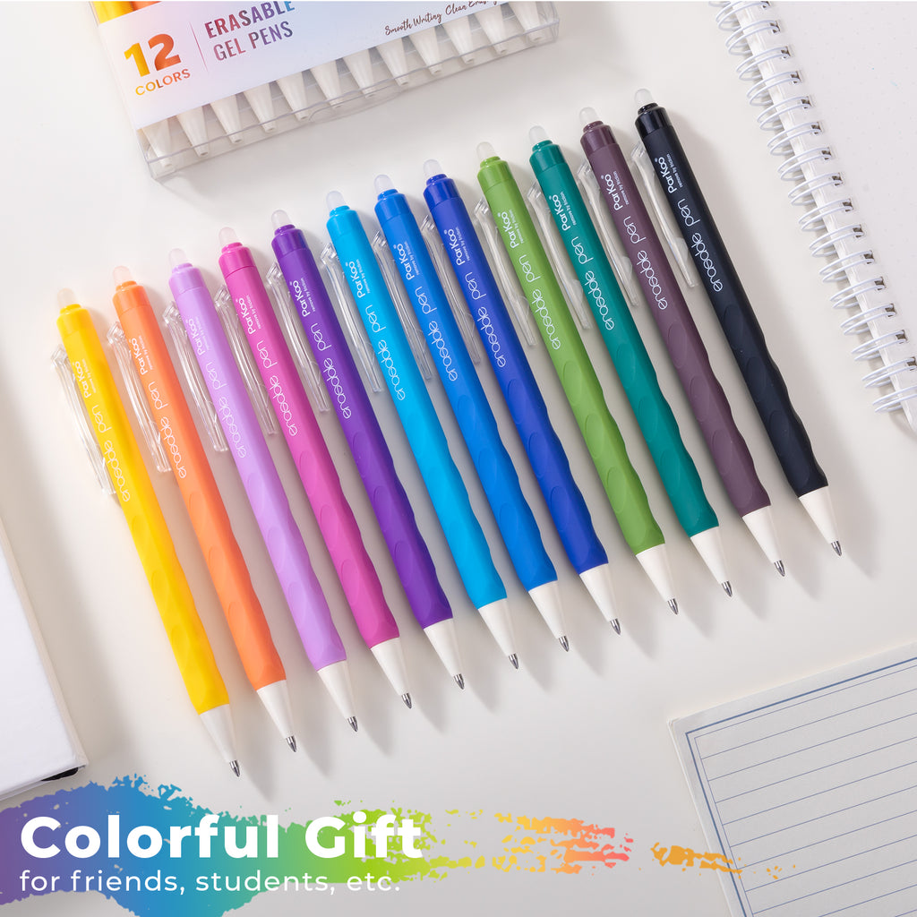 ParKoo Erasable Gel Pens, 12 Colors Retractable Erasable Colored Pens Fine Point 0.7mm, Make Mistakes Disappear, Assorted Color Inks for Drawing Coloring Writing Planner - ParKoo