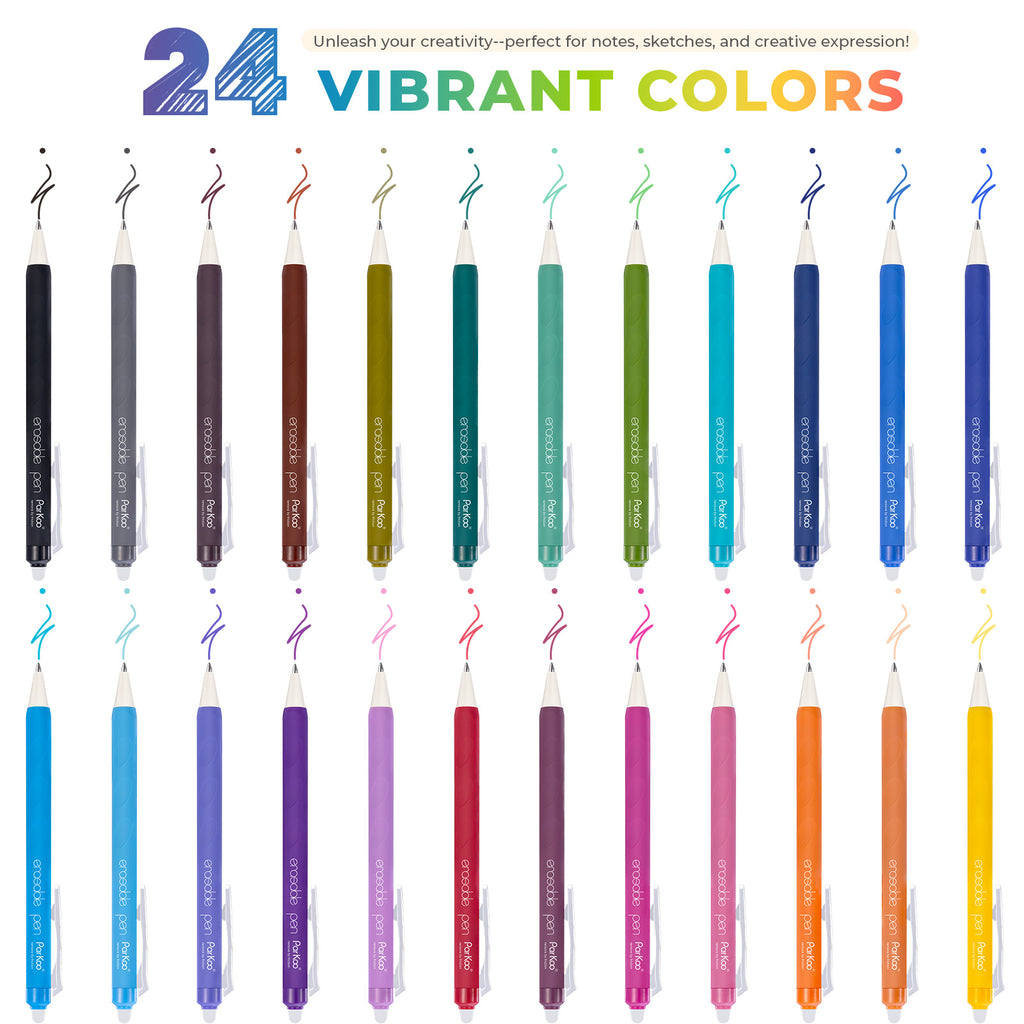 ParKoo Erasable Gel Pens, 24 Colors Retractable Erasable Colored Pens Fine Point 0.7mm, Make Mistakes Disappear, Assorted Color Inks for Drawing Coloring Writing Planner - ParKoo