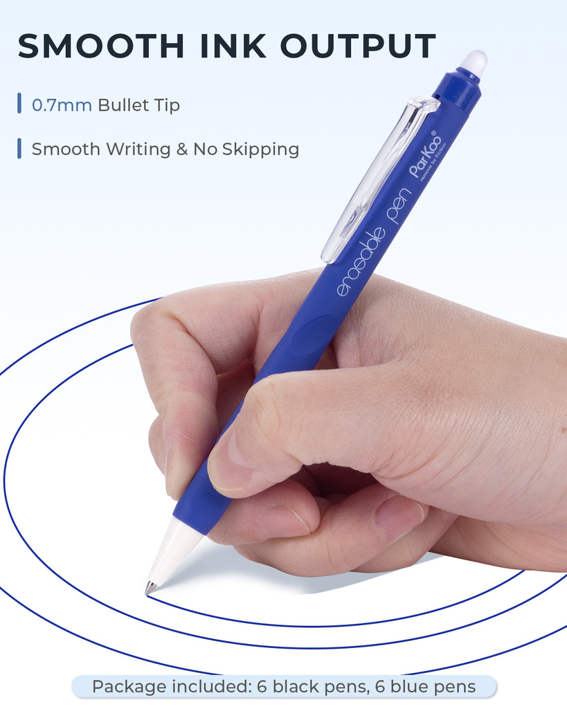 Clicker, Fine Point 0.7 mm, Make Mistakes Disappear, 6 Black/6 Blue Smooth Ink Pens for Writing, Planners, Note Taking and Crossword Puzzles - ParKoo