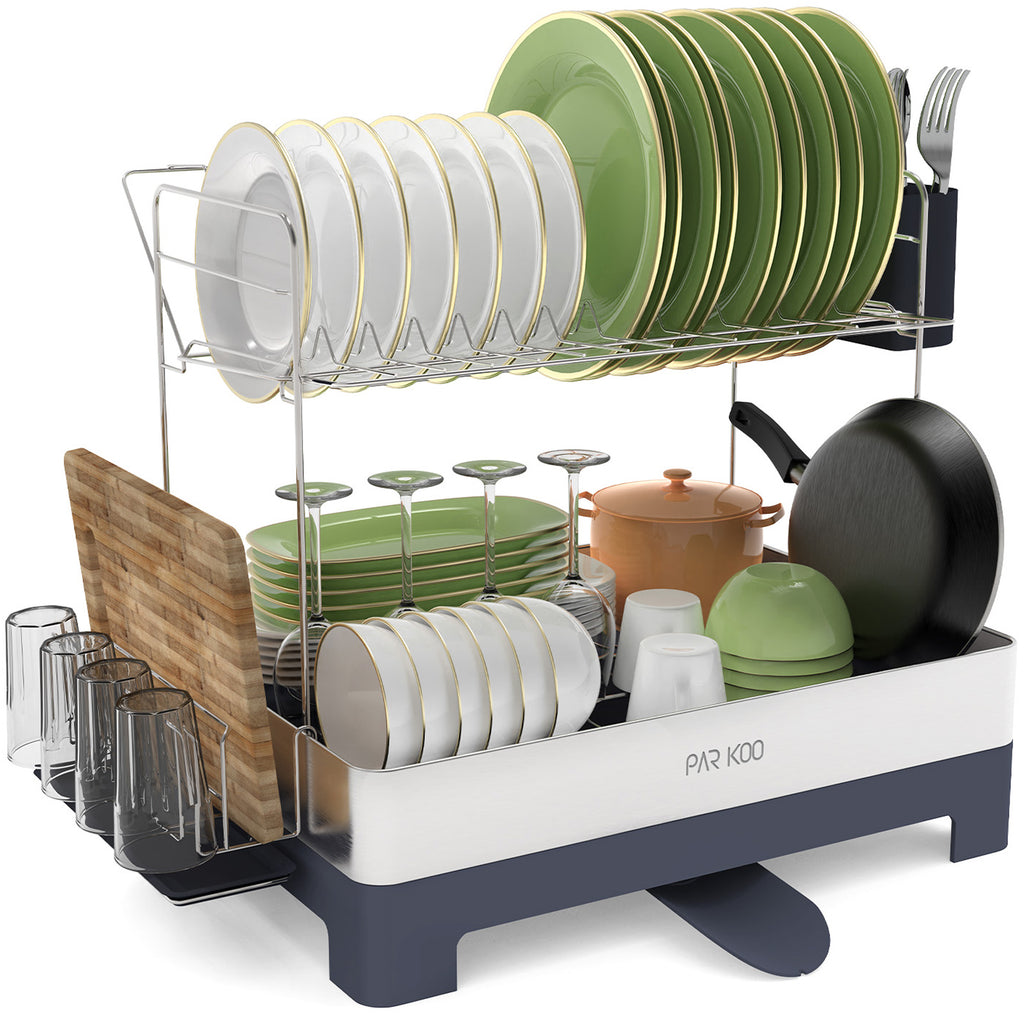 ParKoo Large Dish Drying Rack, Dish Racks for Kitchen Counter, 2 Tier Stainless Steel Dish Drainer with Rotatable Spout, Extra Large Kitchen Drying Rack with Utensil Holder & Cup Holder - ParKoo