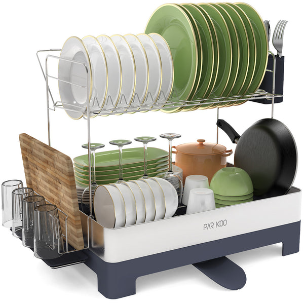 ParKoo Large Dish Drying Rack, Dish Racks for Kitchen Counter, 2 Tier Stainless Steel Dish Drainer with Rotatable Spout, Extra Large Kitchen Drying Rack with Utensil Holder & Cup Holder - ParKoo