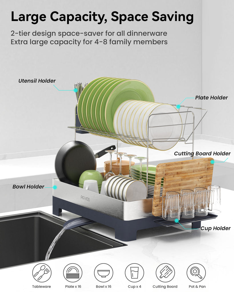 ParKoo Large Dish Drying Rack, Dish Racks for Kitchen Counter, 2 Tier Stainless Steel Dish Drainer with Rotatable Spout, Extra Large Kitchen Drying Rack with Utensil Holder & Cup Holder - ParKoo