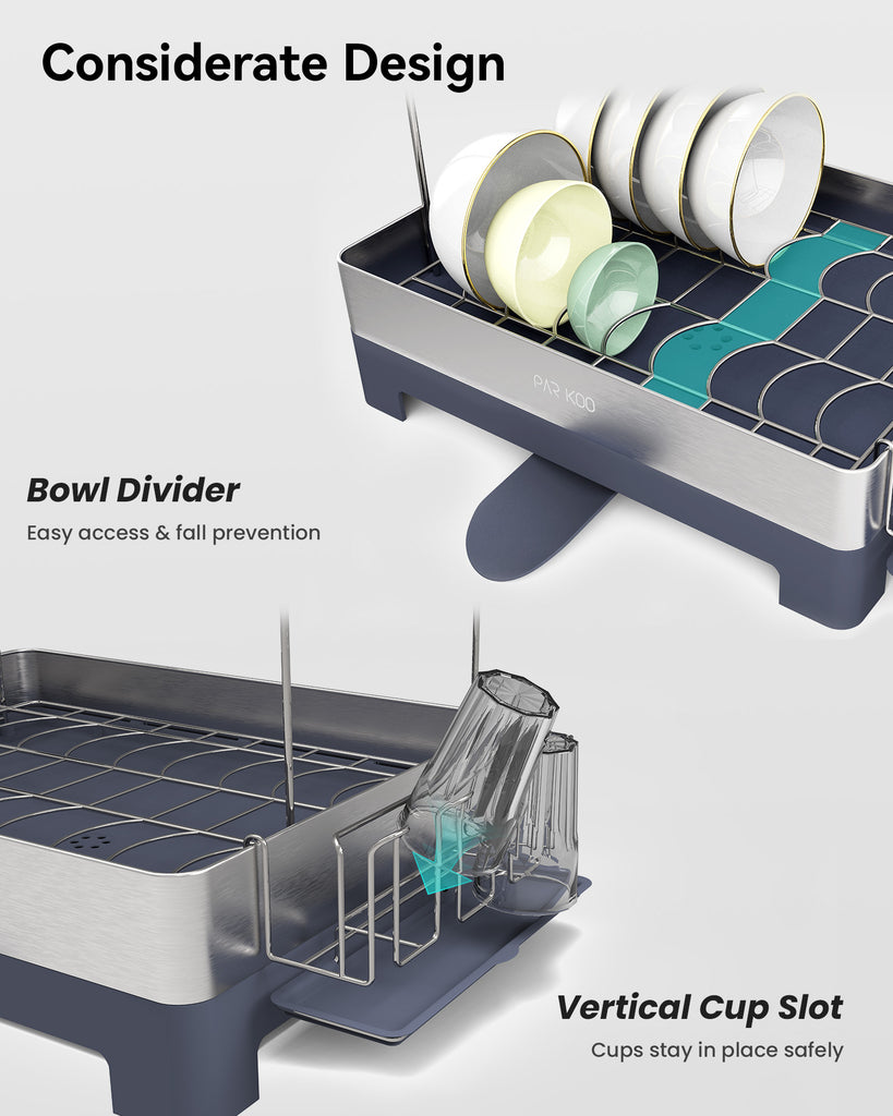 ParKoo Large Dish Drying Rack, Dish Racks for Kitchen Counter, 2 Tier Stainless Steel Dish Drainer with Rotatable Spout, Extra Large Kitchen Drying Rack with Utensil Holder & Cup Holder - ParKoo