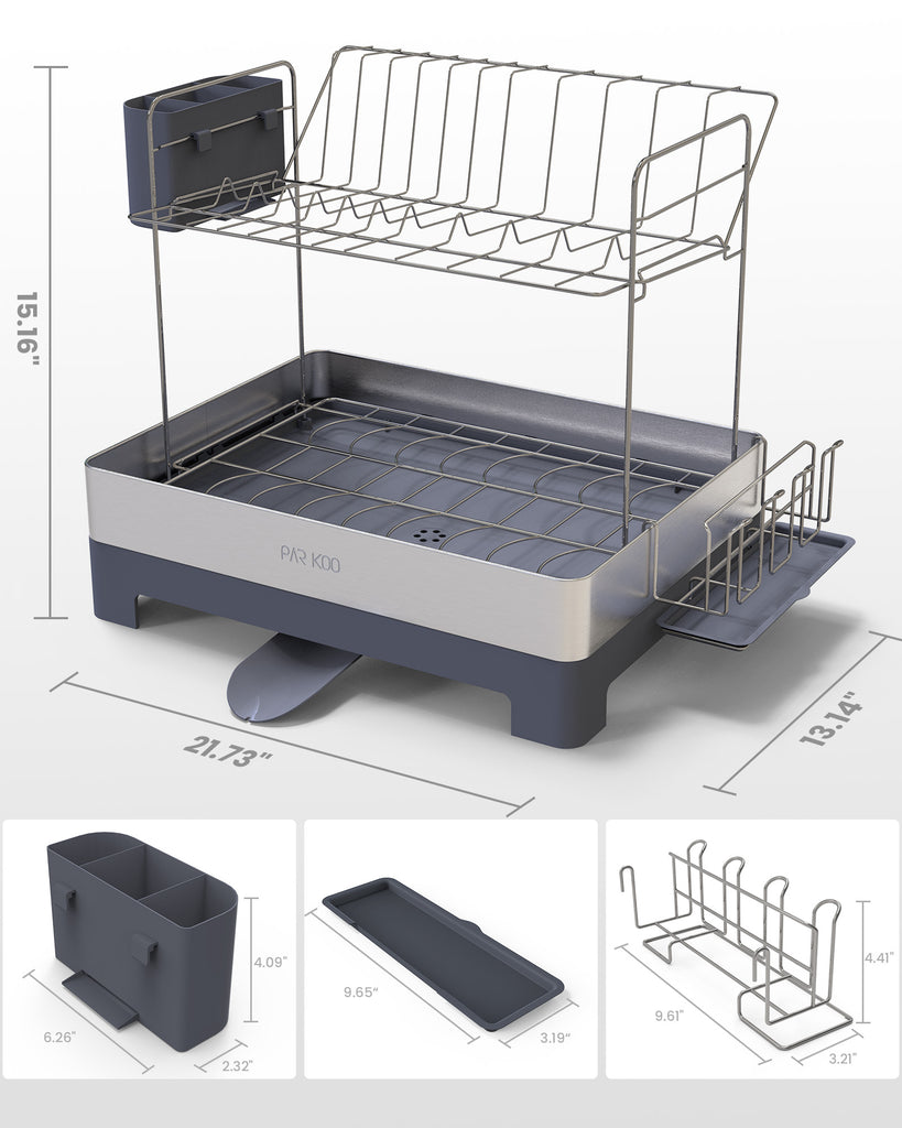 ParKoo Large Dish Drying Rack, Dish Racks for Kitchen Counter, 2 Tier Stainless Steel Dish Drainer with Rotatable Spout, Extra Large Kitchen Drying Rack with Utensil Holder & Cup Holder - ParKoo