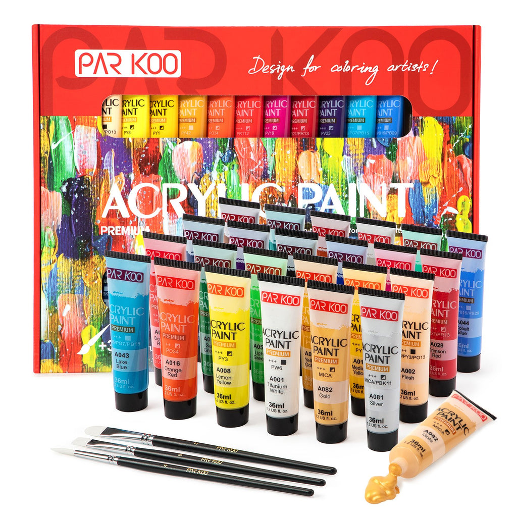 ParKoo Pens & Refills Acrylic Paint Set, ParKoo 24 Colors Craft Paint Supplies (1.2oz /36ml) with 3 Paint Brushes for Beginners Students Adult Artist Painter, Non-Toxic Rich Pigment Art Paints for Canvas, Rock, Glass, Wood Painting