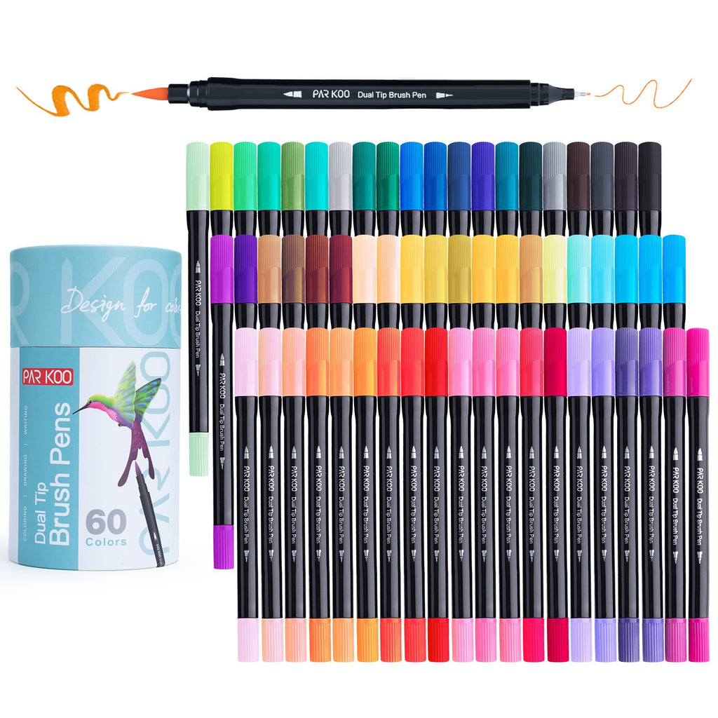 ParKoo Pens & Refills Dual Tip Brush Pens for Coloring Books, ParKoo 60 Colors Artist Fine and Brush Tip Colored Markers for Bullet Journaling Kid Adult Drawing Note Taking Lettering Planning Calligraphy