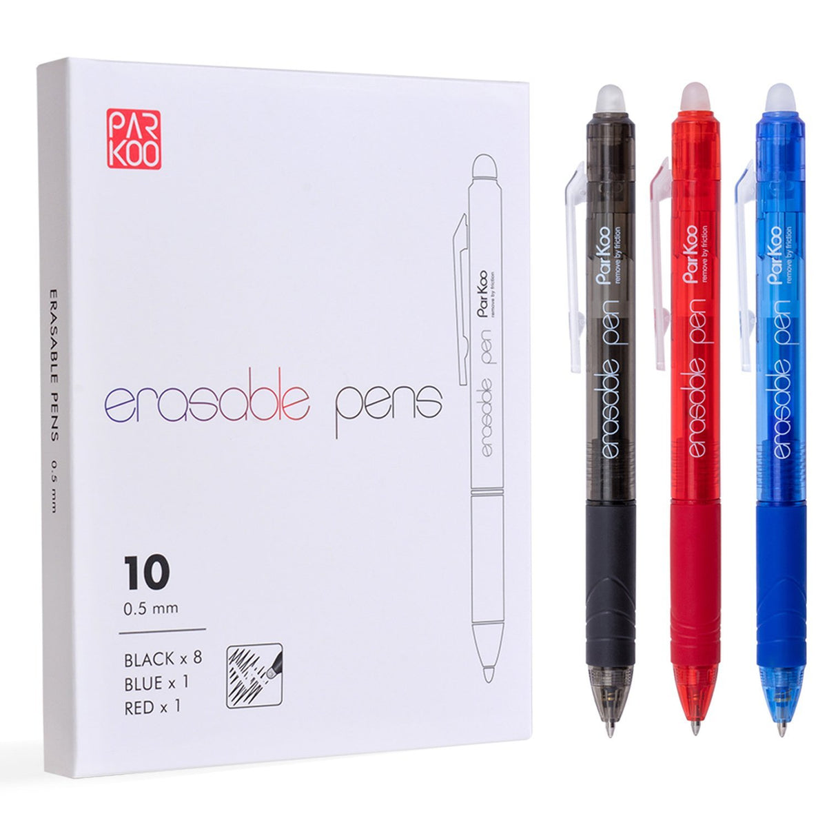 ParKoo Retractable Erasable Gel Pens 0.5 mm, 8 Black/1 Blue/1 Red Ink