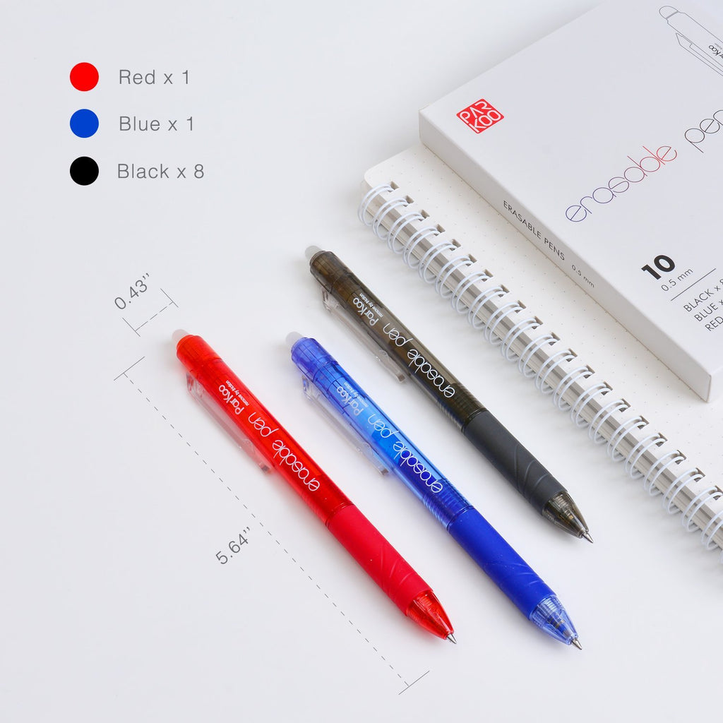 ParKoo Retractable Erasable Gel Pens 0.5 mm, 8 Black/1 Blue/1 Red Ink