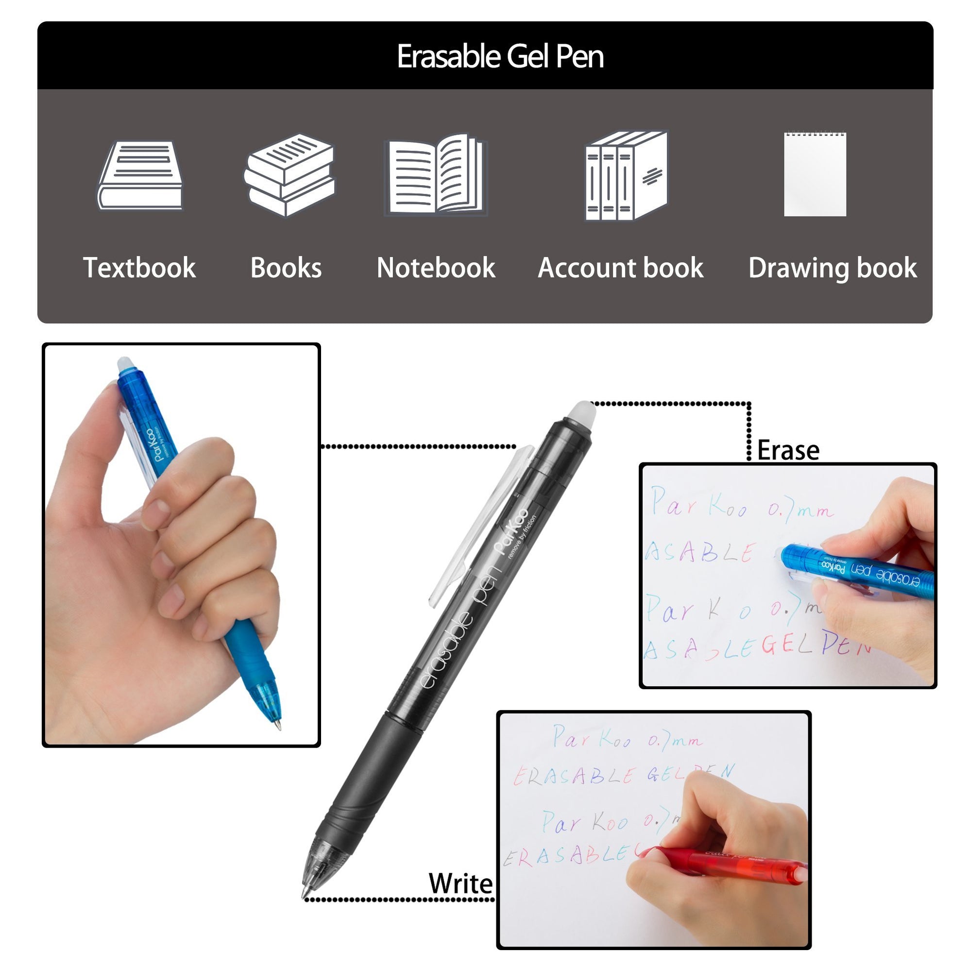 ParKoo Retractable Erasable Gel Pens Clicker, Assorted Color Inks for